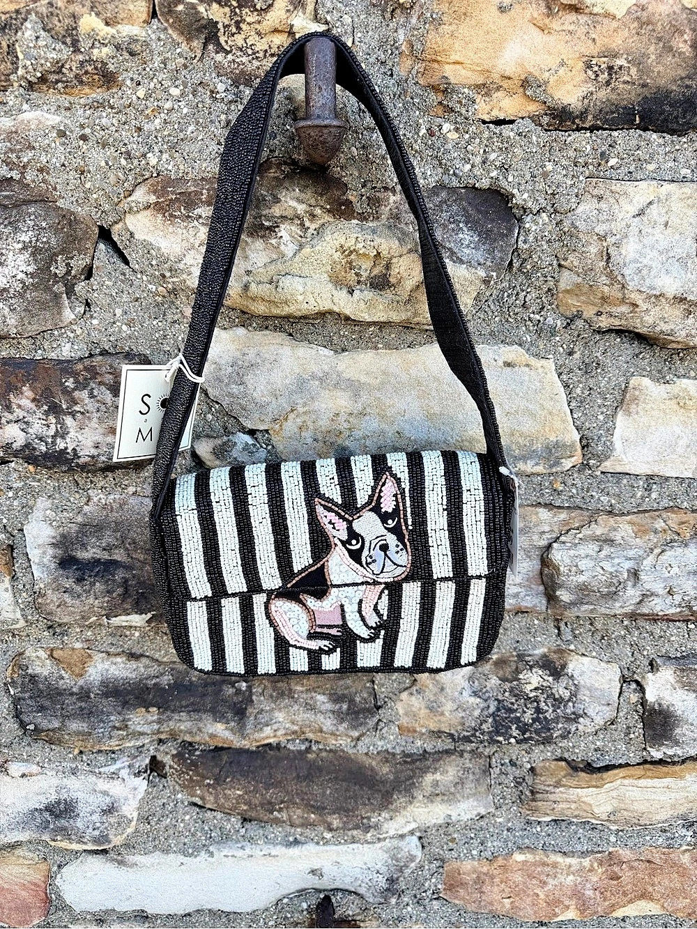 Sol & Mer French Bulldog Beaded Shoulder Bag Black & White purse